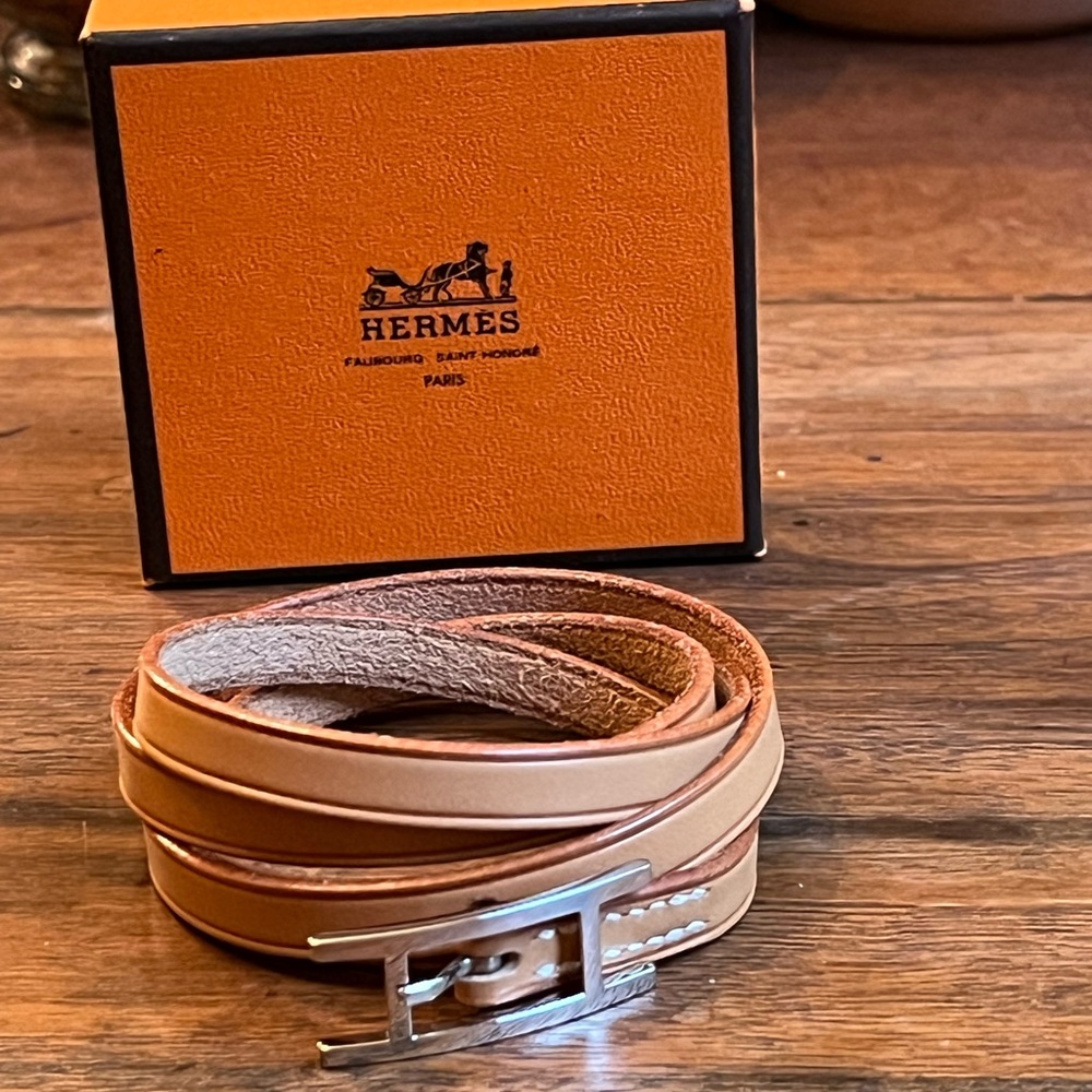 Hermes Tan Leather Bracelet with Silver Buckle